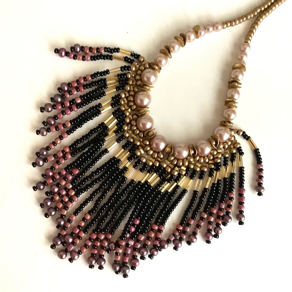 Pearl beaded bib waterfall handmade necklace in pink, black and gold.